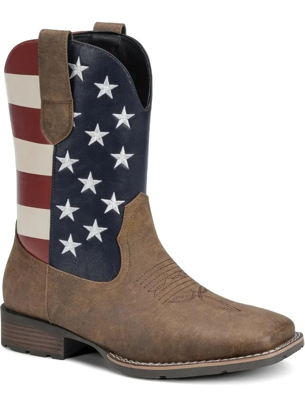 Mens Patriot Brown Faux Leather Slip On Square Toe With Classic Embroidered Boot